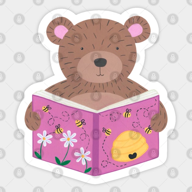 Animals with books part 4 - Bear reading bee book Sticker by NashTheArtist